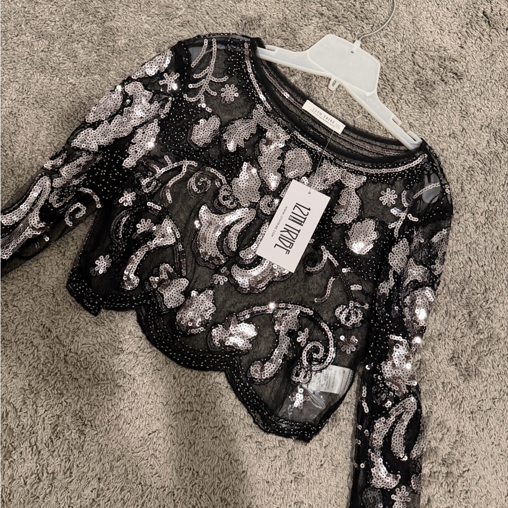 12th Tribe Sequins Black Sheer Lace Blouse